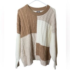 Lands' End Patchwork Cable Knit Sweater in Cream and Tan